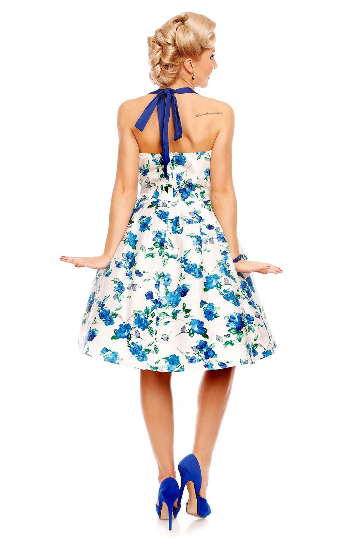 Floral Rockabilly 1950s Dress in White-Blue
