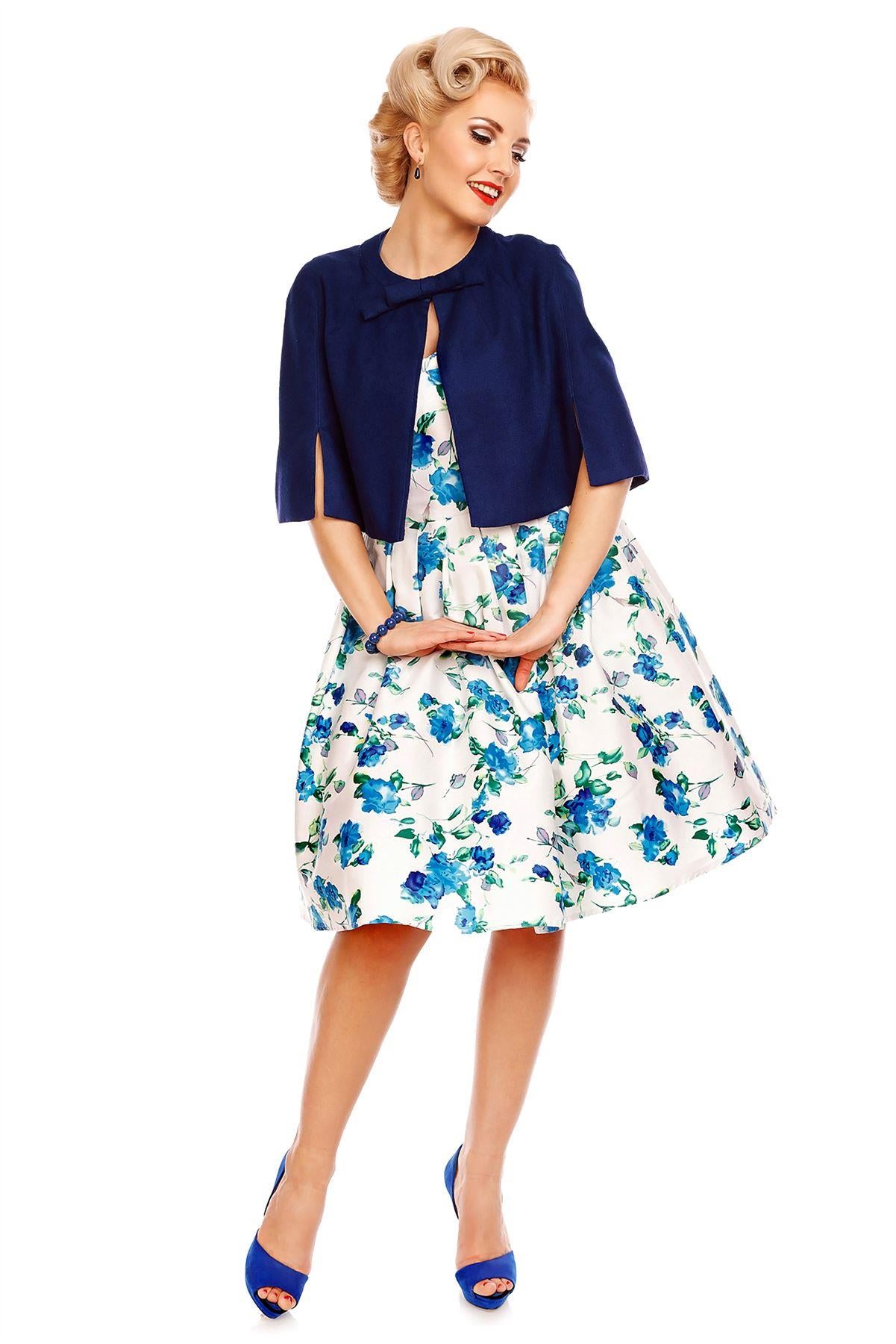 Floral Rockabilly 1950s Dress in White-Blue