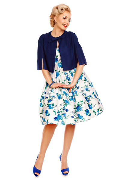 Floral Rockabilly 1950s Dress in White-Blue