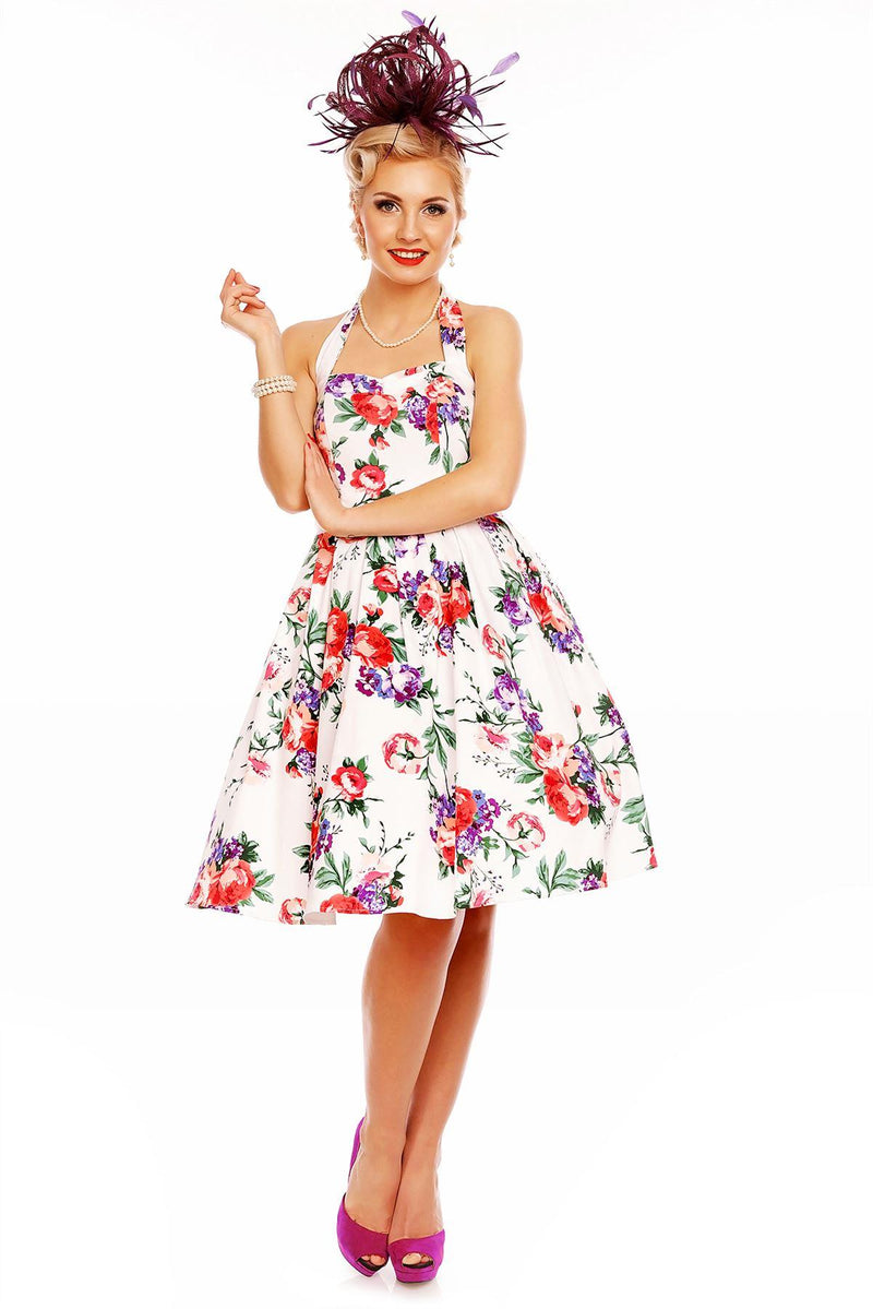 Floral Rockabilly 1950s Dress in White-Pink