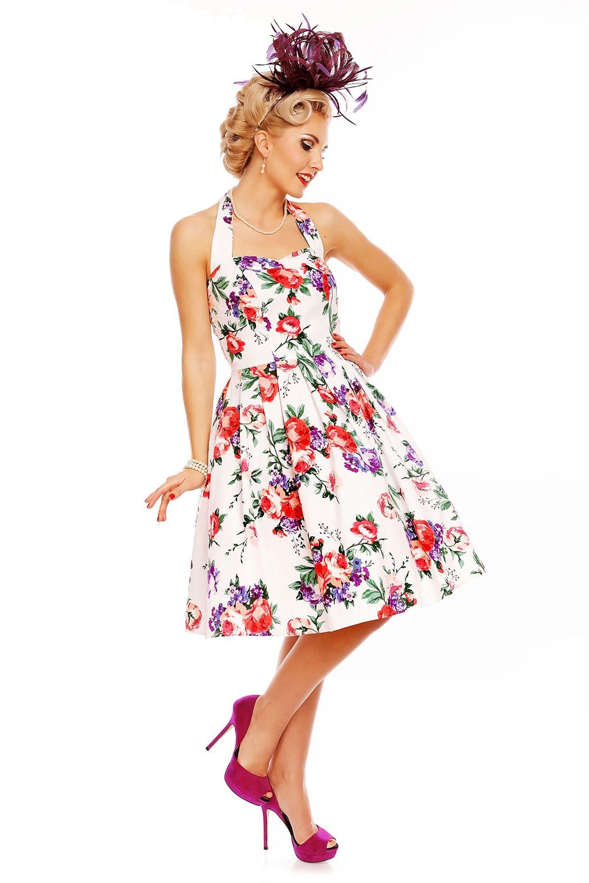 Floral Rockabilly 1950s Dress in White-Pink