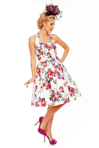 Floral Rockabilly 1950s Dress in White-Pink