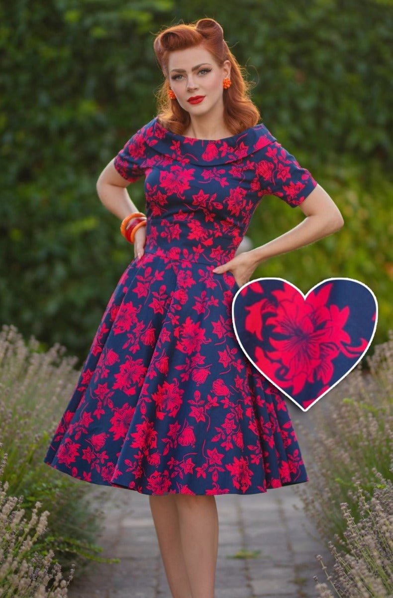 Women's Floral Roses Swing Dress in Blue/Red