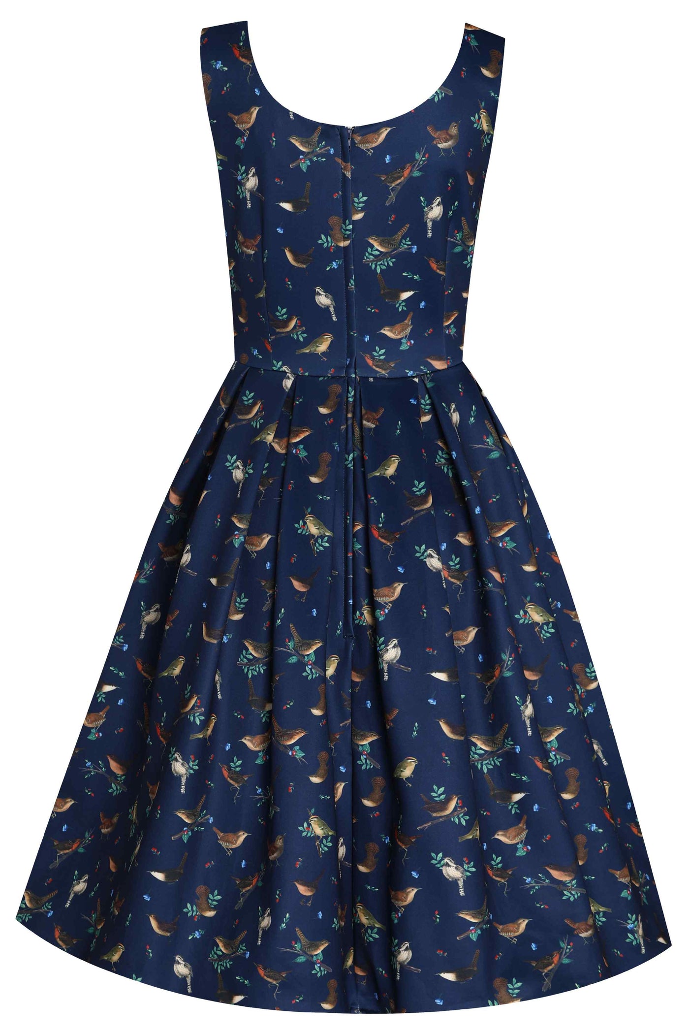 Forest birds in navy blue swing dress