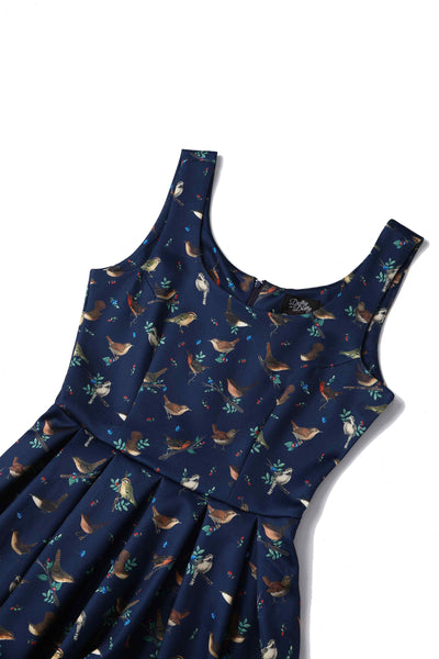 Forest birds in navy blue swing dress