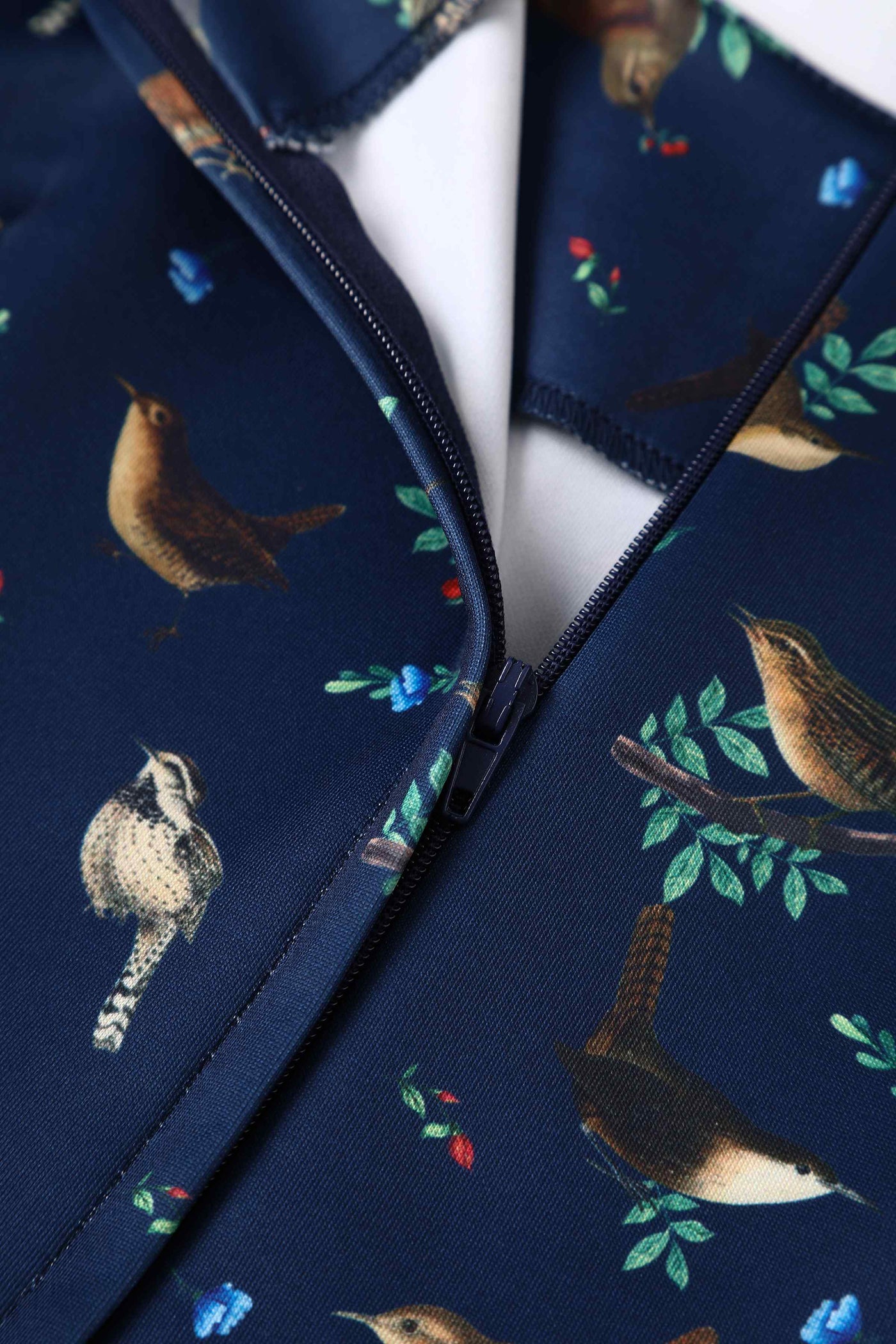 Forest birds in navy blue swing dress