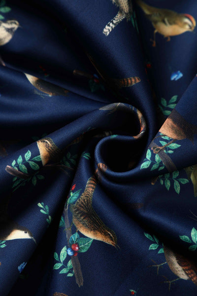 Forest birds in navy blue swing dress