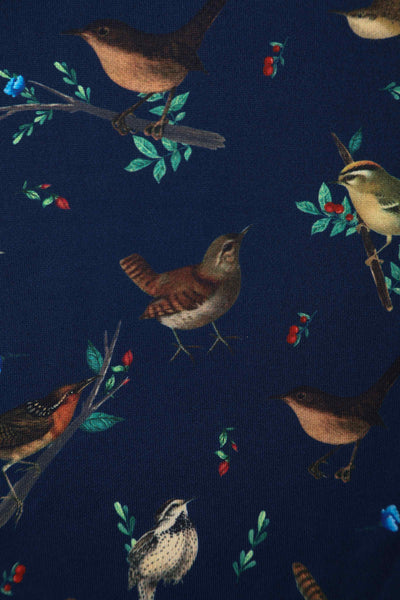 Forest birds in navy blue swing dress