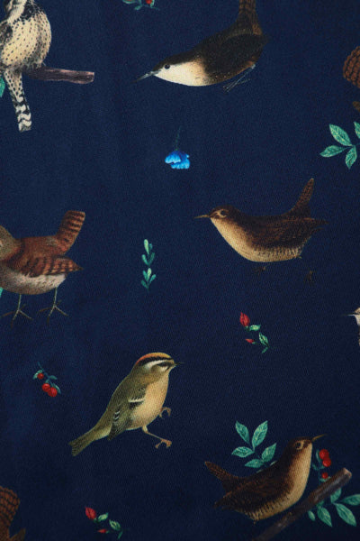 Forest birds in navy blue swing dress