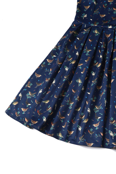 Forest birds in navy blue swing dress