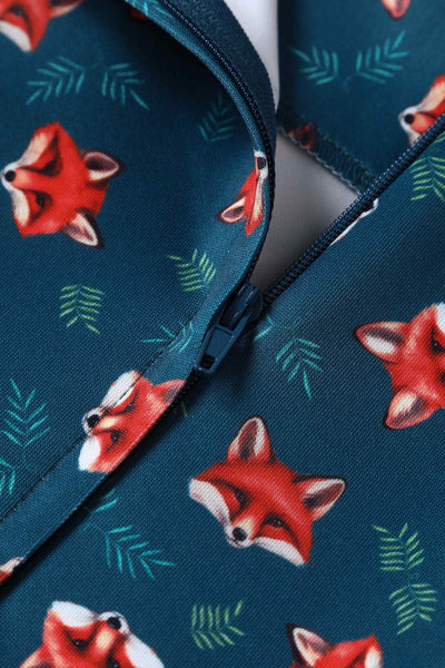 Close up view of Pleated Retro Dress in Dark Blue Fox Print