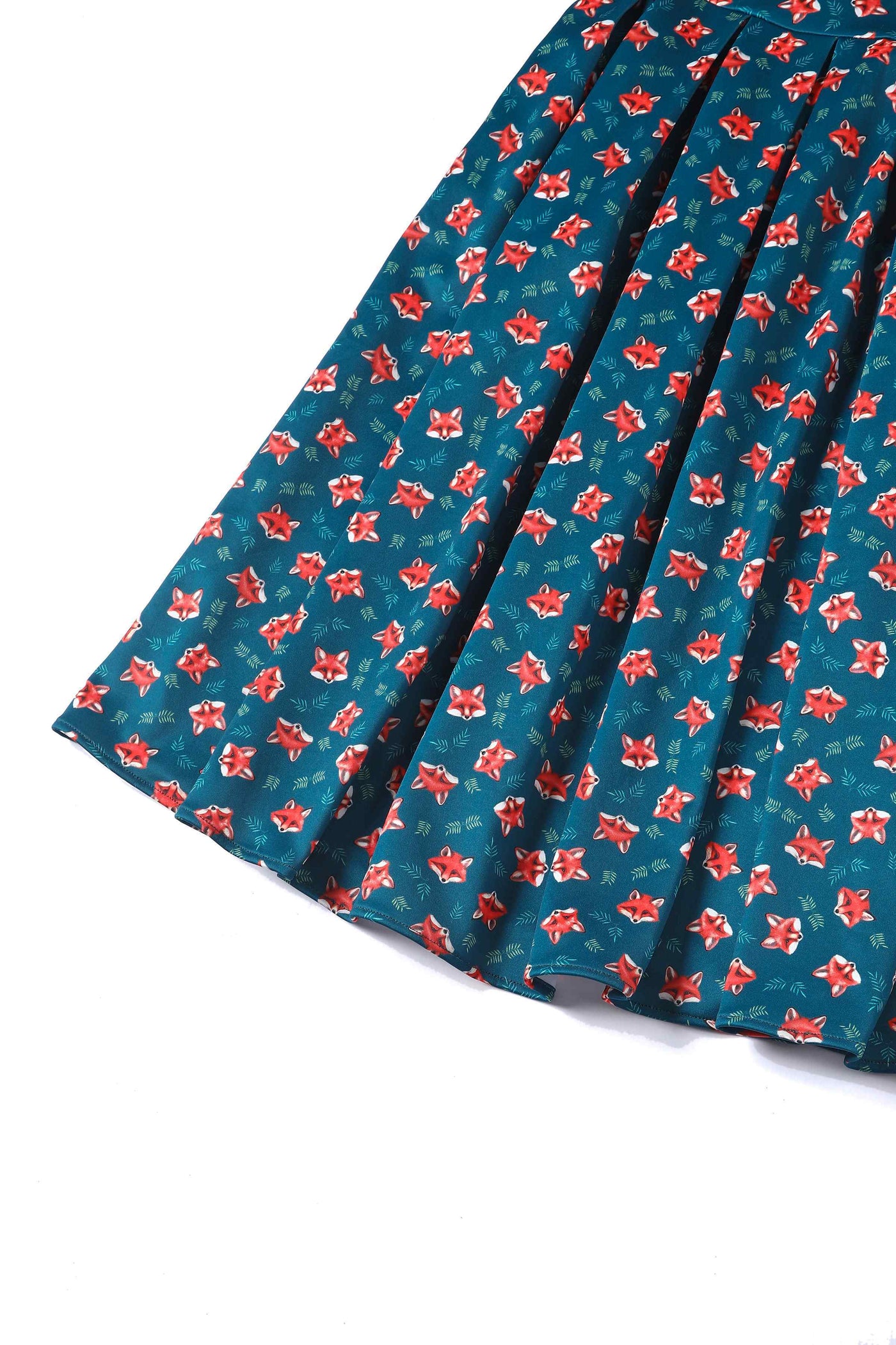 Close up view of Pleated Retro Dress in Dark Blue Fox Print