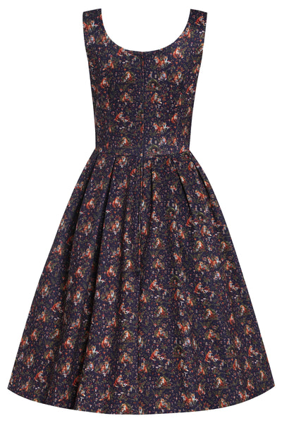 Back View of Fox Den Print Sleeveless Swing Dress in Purple