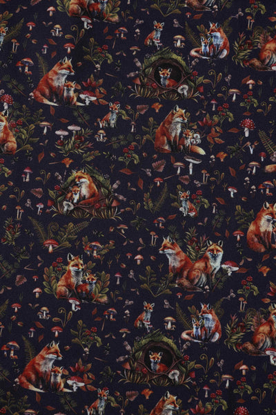 Close up View of Fox Den Print Sleeveless Swing Dress in Purple