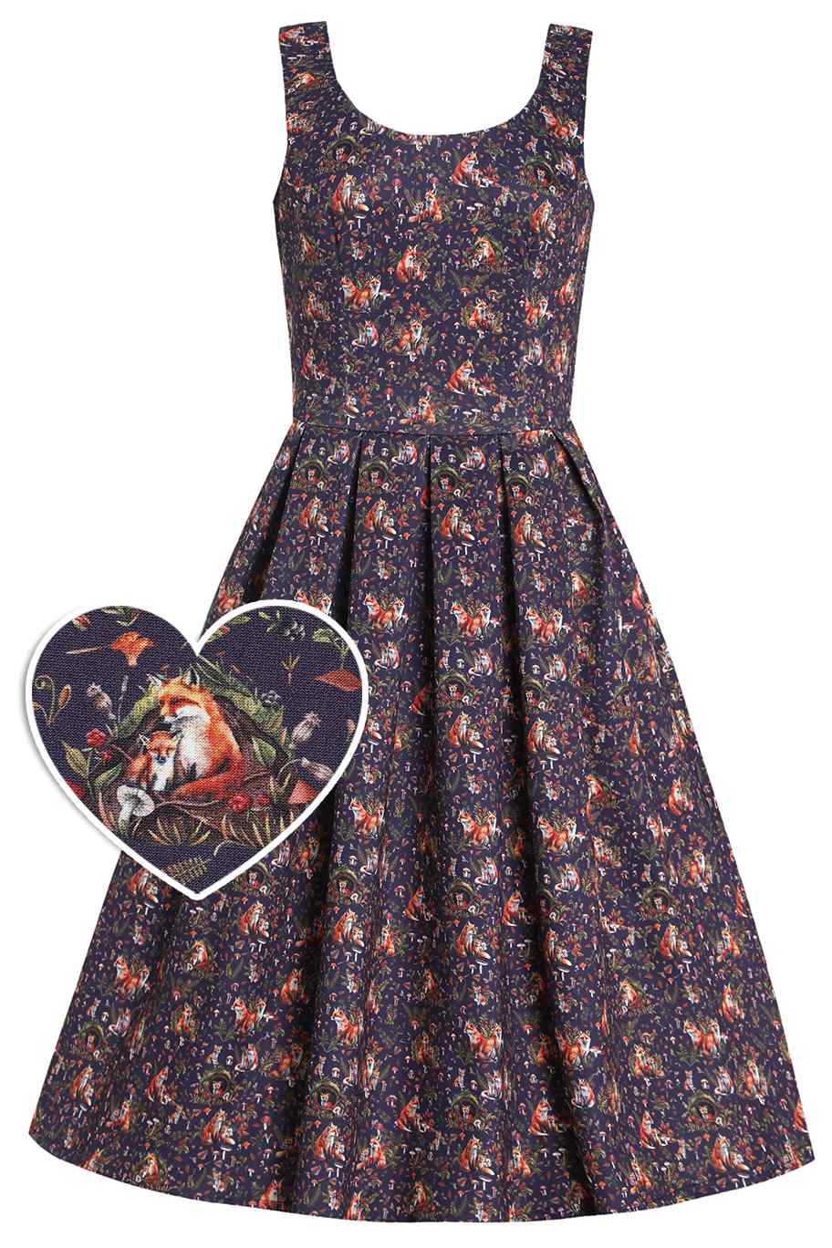 Front View of Fox Den Print Sleeveless Swing Dress in Purple