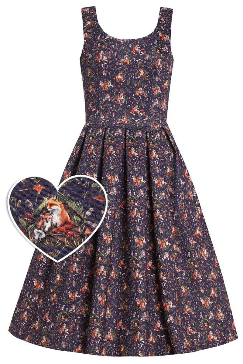 Front View of Fox Den Print Sleeveless Swing Dress in Purple