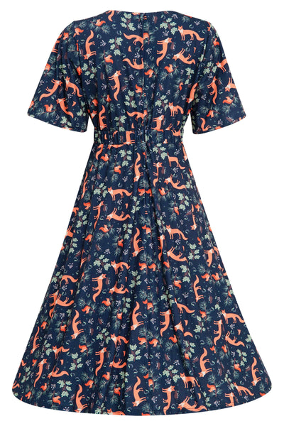 Back View of Fox Print Petal Sleeve Dress in Navy Blue