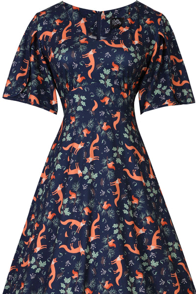 Close up View of Fox Print Petal Sleeve Dress in Navy Blue