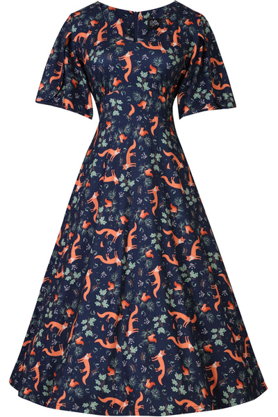 Front View of Fox Print Petal Sleeve Dress in Navy Blue