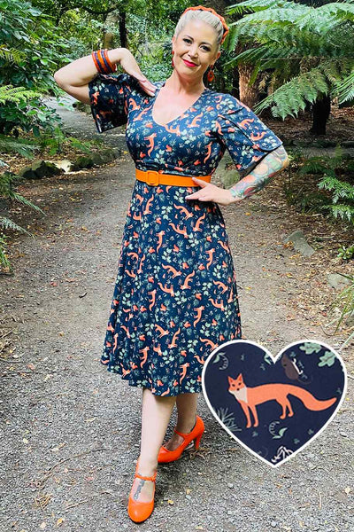 Model Photo of Fox Print Petal Sleeve Dress in Navy Blue