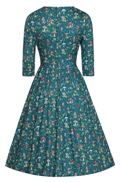 Back view of Frog and Mushroom Print Dress in Green