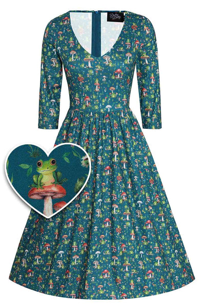 Front view of Frog and Mushroom Print Dress in Green