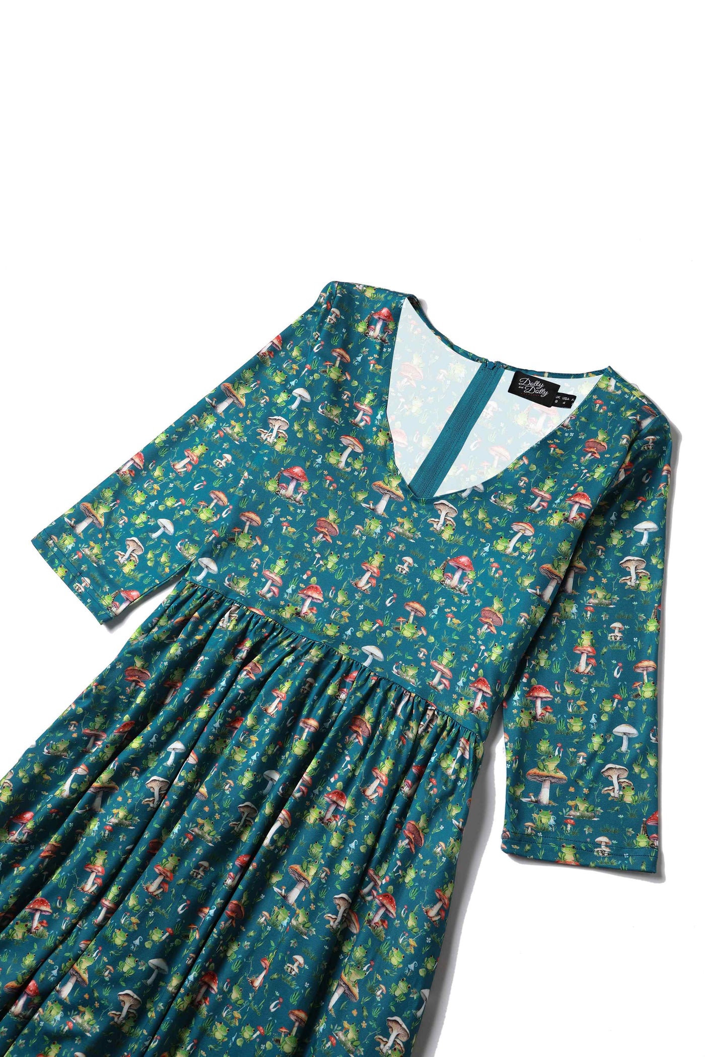 Close up view of Frog and Mushroom Print Dress in Green