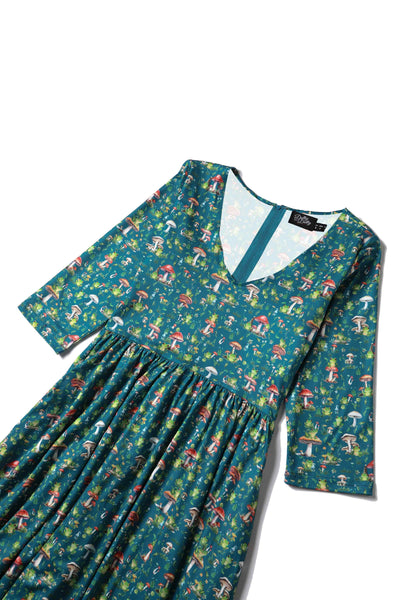 Close up view of Frog and Mushroom Print Dress in Green