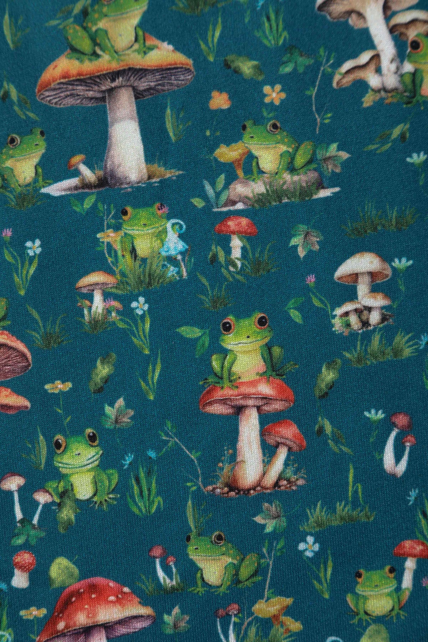 Close up view of Frog and Mushroom Print Dress in Green