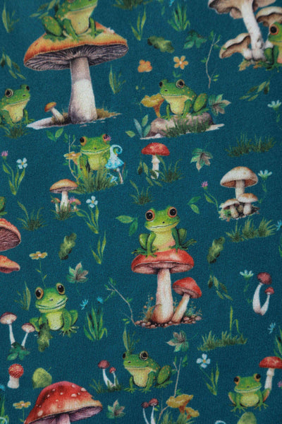 Close up view of Frog and Mushroom Print Dress in Green