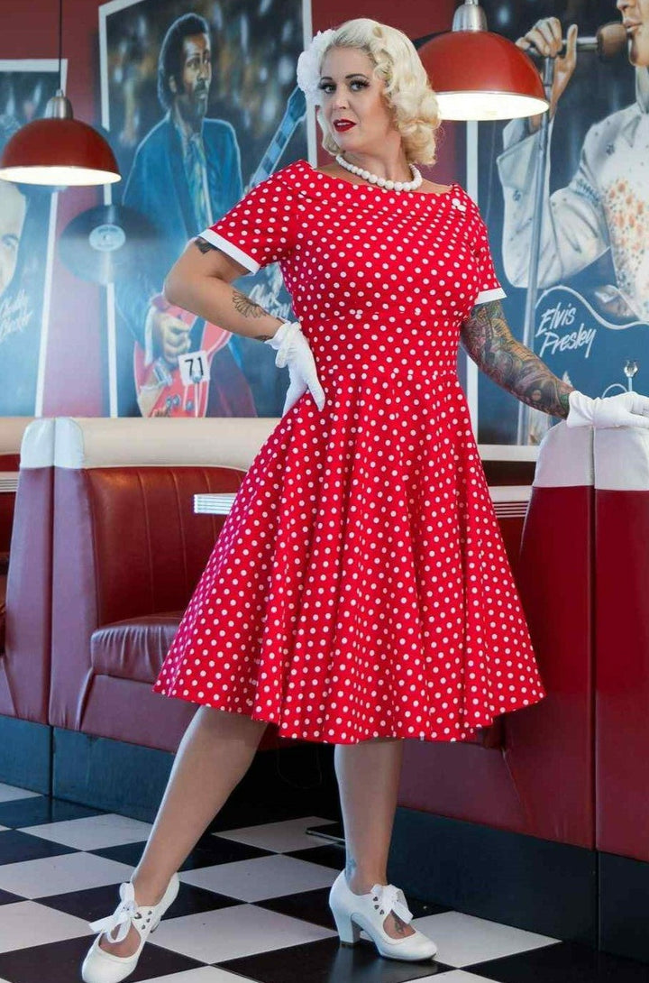 Retro Full Circle Red Polka Dot Off Shoulder Swing Dress Retro Full Circle Red Polka Dot Off Shoulder Swing Dress