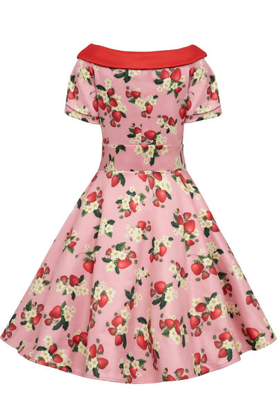 Girls short sleeve swing dress, in pink/red strawberry print, back view