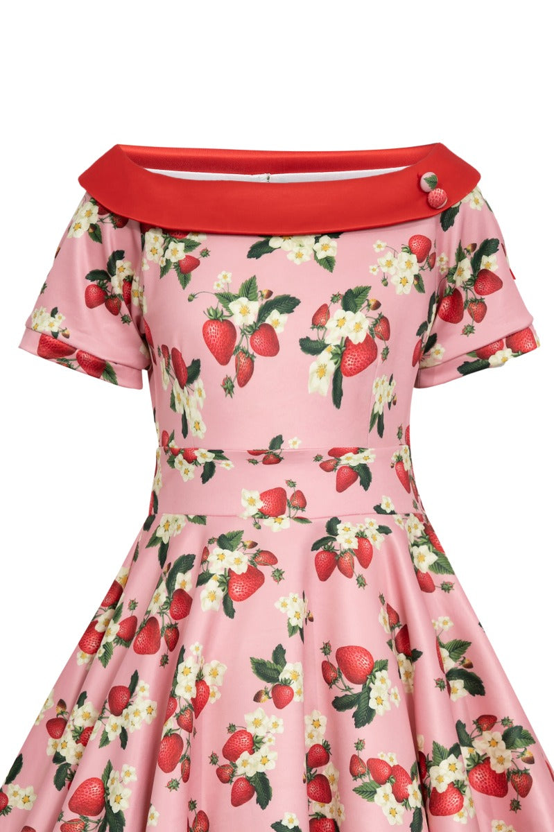 Girls short sleeve swing dress, in pink/red strawberry print, top view