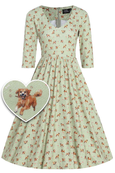 Front View of Golden Retriever Print Long Sleeved Swing Dress in Green