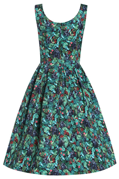 Back View of Gorilla Forest Print Swing Dress in Green 