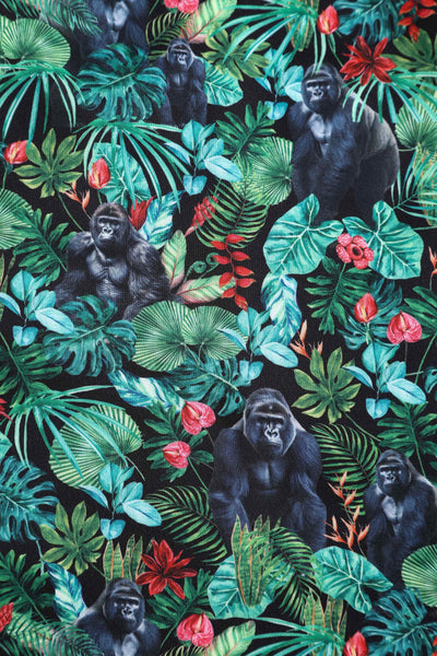 Close up View of Gorilla Forest Print Swing Dress in Green 