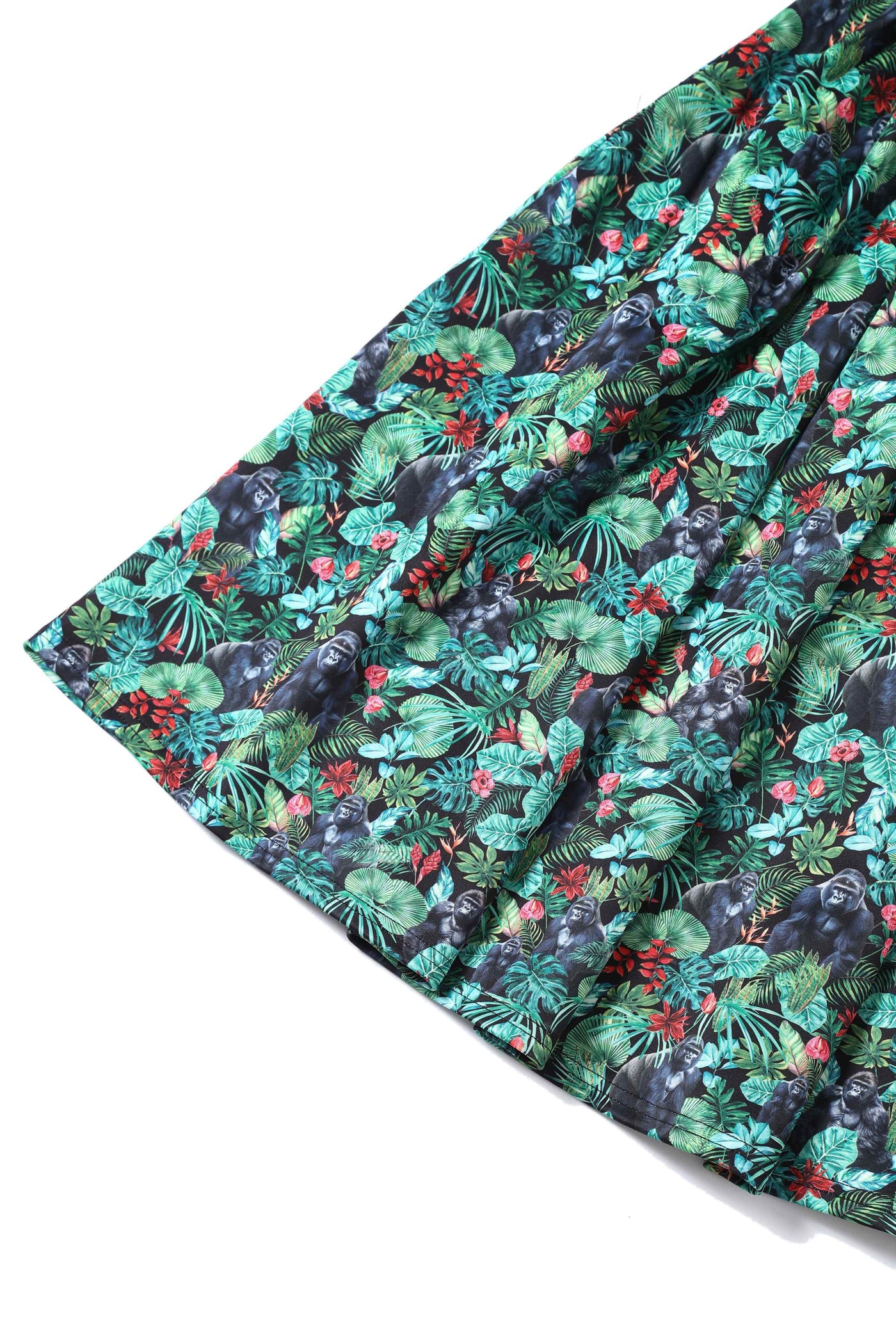 Close up View of Gorilla Forest Print Swing Dress in Green 