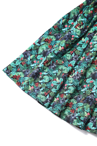 Close up View of Gorilla Forest Print Swing Dress in Green 