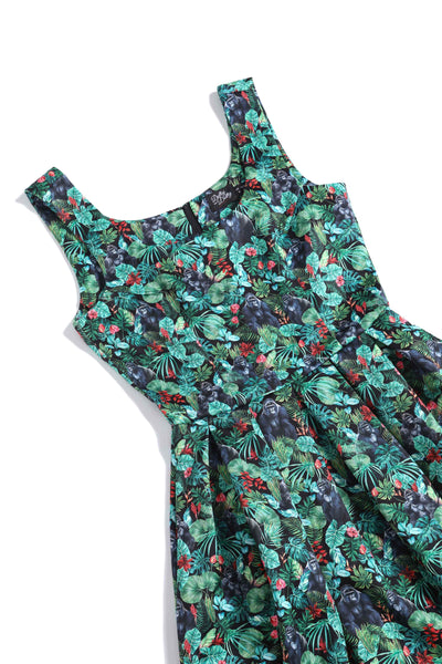Close up View of Gorilla Forest Print Swing Dress in Green 