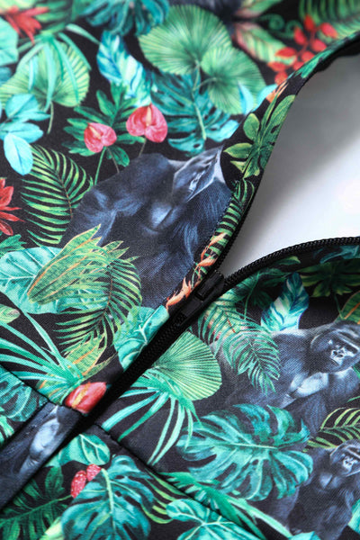 Close up View of Gorilla Forest Print Swing Dress in Green 