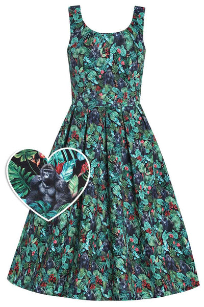 Front View of Gorilla Forest Print Swing Dress in Green 