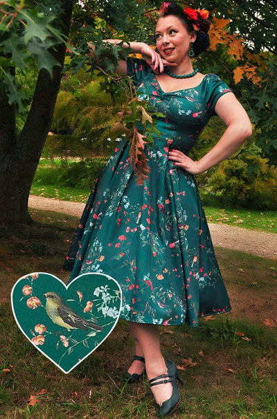 Green Bird Forest Off Shoulder Swing Dress