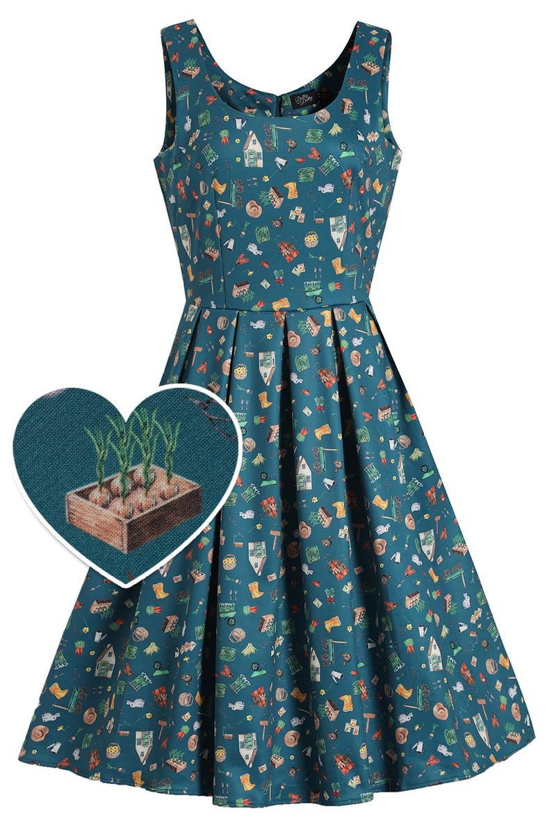 Green Gardening Print Swing Dress