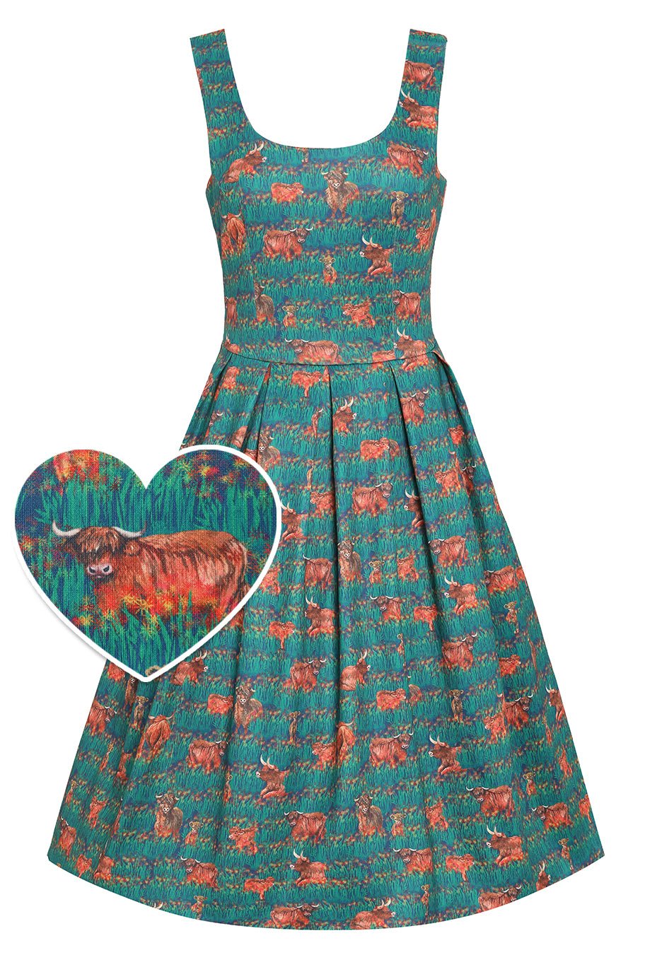 Front view of Green Highland Cattle Swing Dress