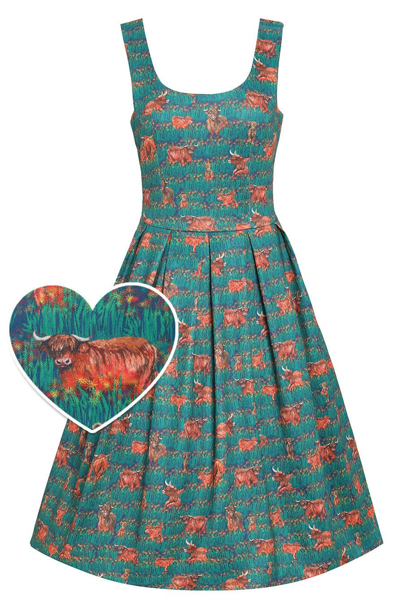 Front view of Green Highland Cattle Swing Dress