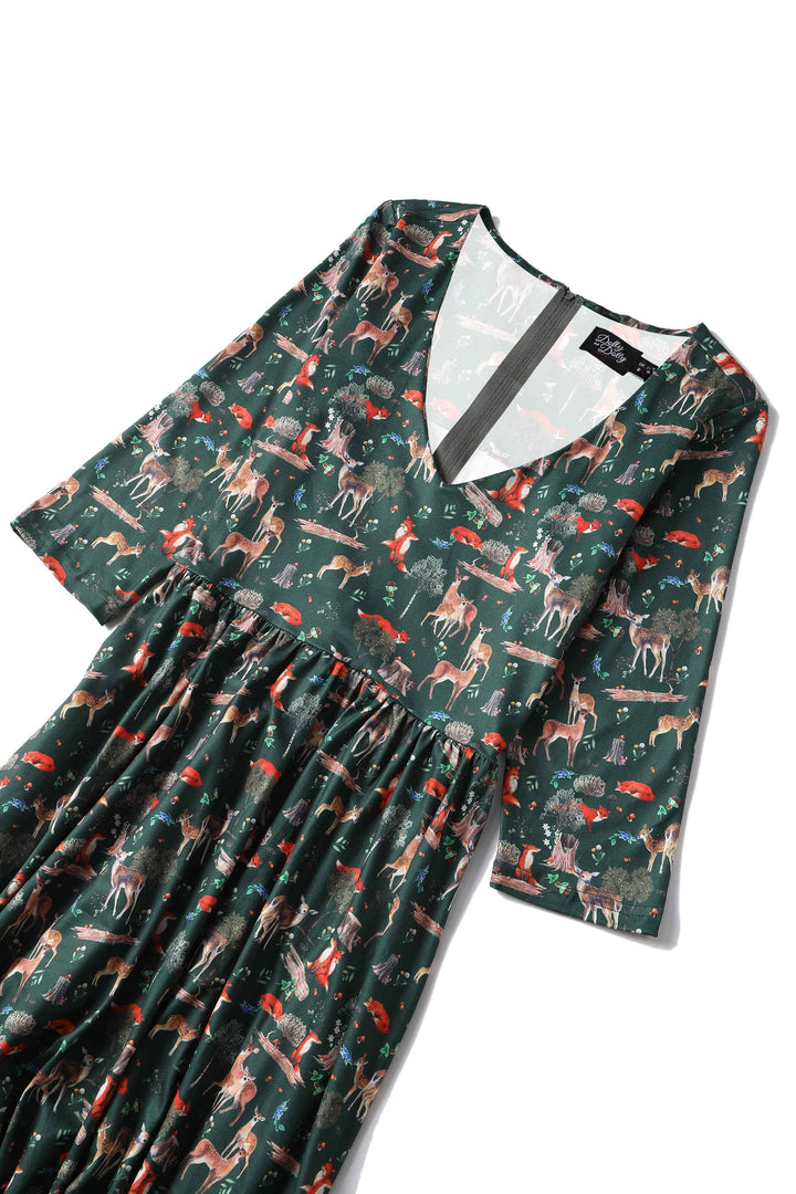 Billie Green Woodland Fox & Deer Dress