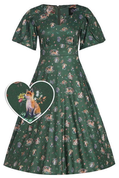 Green Woodland Petal Sleeved Flared Dress