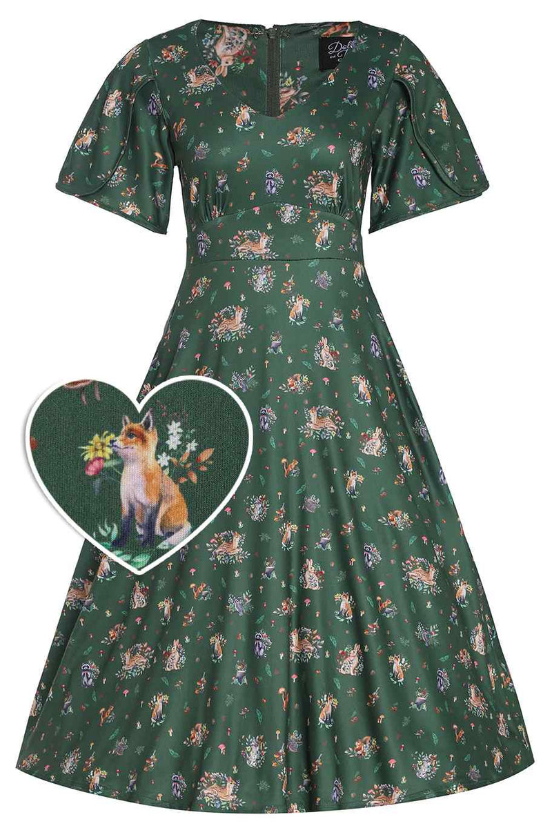 Green Woodland Petal Sleeved Flared Dress