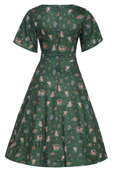 Green Woodland Petal Sleeved Flared Dress