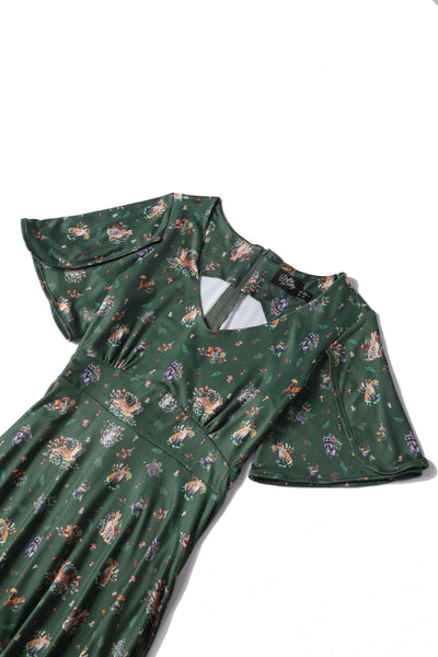 Green Woodland Petal Sleeved Flared Dress